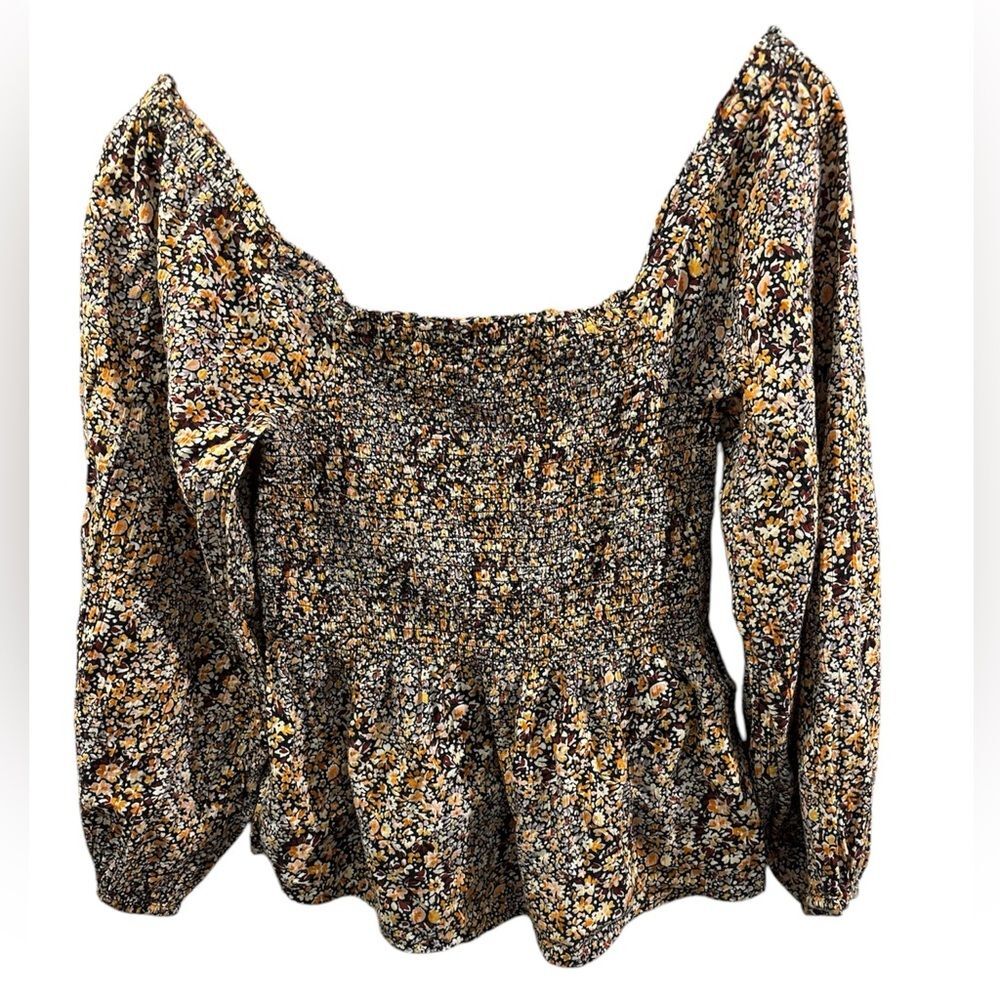 Madewell Womens Lucie Smocked Peplum Square Neck Top Black milkmaid Floral Sz 00